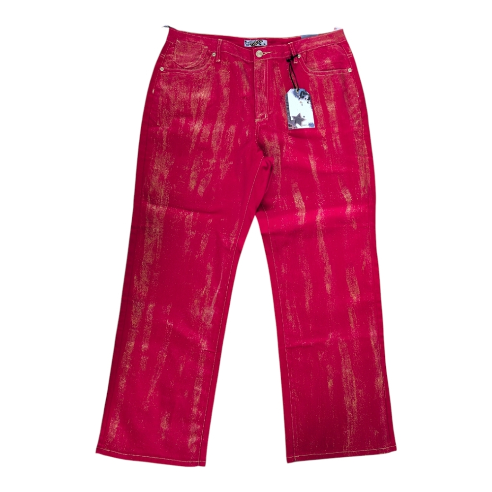Crest Jeans Red Denim Gold Glitter Stripe Jeans Size 23/24 Plus NEW